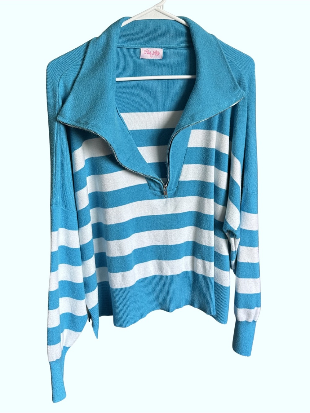 Pink Lily Blue & White Striped Half-Zip Turtleneck Sweater